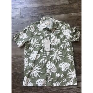 NWT Men's Folk Monstera Print Vacation Cotton Green/White Kingston Shirt Small‎